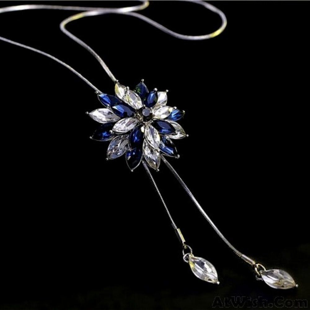 SILVER & BLUE CRYSTAL FLOWER TASSEL NECKLACE